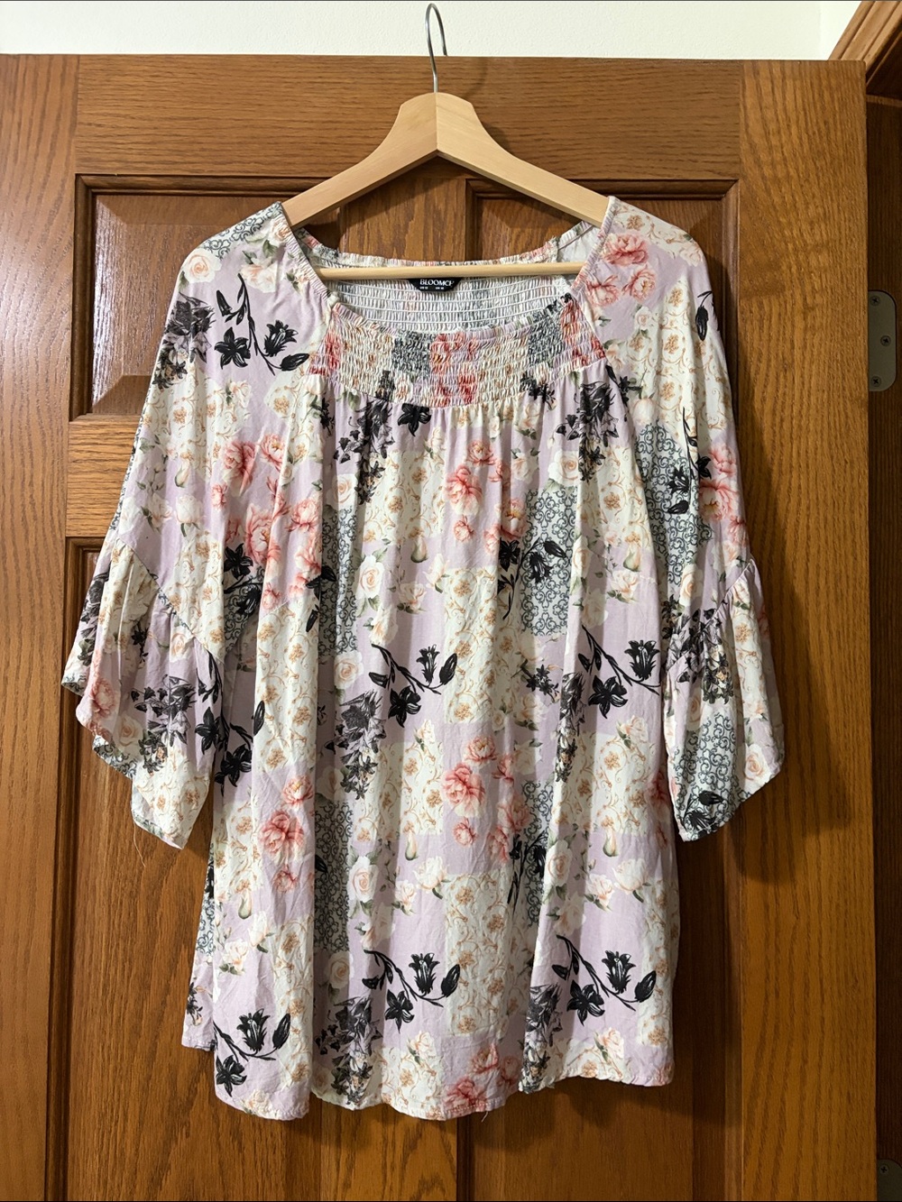 BloomChic Floral Smocked Neck Blouse - Light Pink